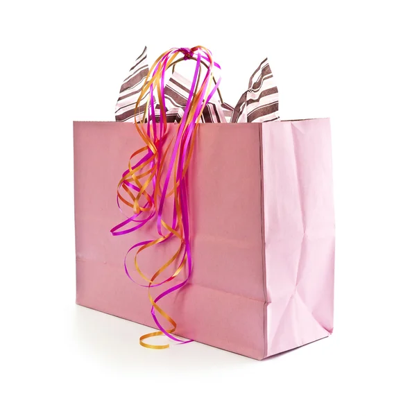 Rosa Einkaufstasche Mit Bändern Isoliert Auf Weißem Hintergrund — Stockfoto