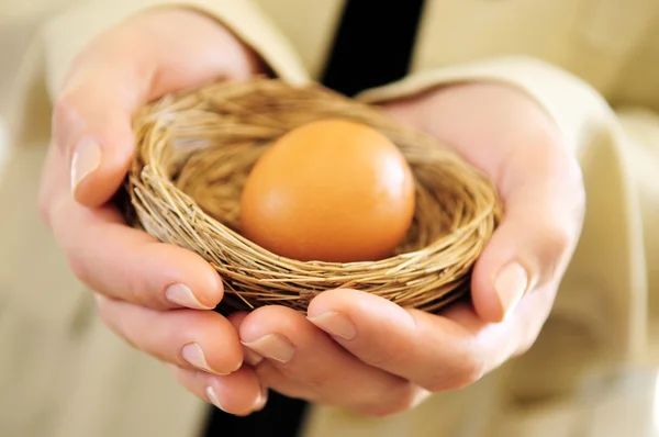 Manos Una Mujer Sosteniendo Nido Con Huevo —  Fotos de Stock