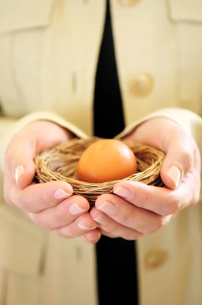 Mãos segurando ninho com ovo — Fotografia de Stock