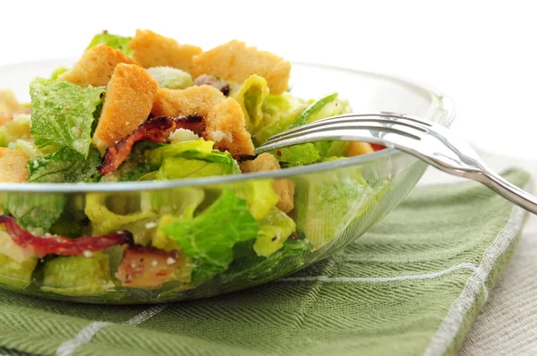 Fresh Caesar Salad Croutons Bacon Bits Served Glass Bowl — Stock Photo, Image