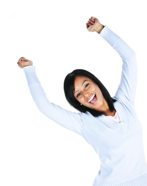 Happy black woman with raised arms isolated on white background clipart