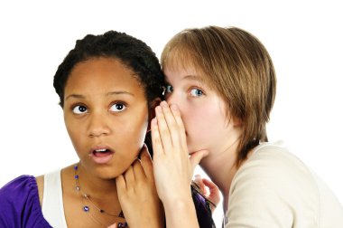 Isolated portrait of two diverse teenage girl friends gossiping clipart
