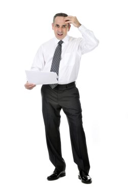 Business man in suit with confused expression holding papers clipart