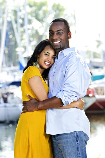 Young Romantic Couple Hugging Standing Harbor — Stock Photo, Image