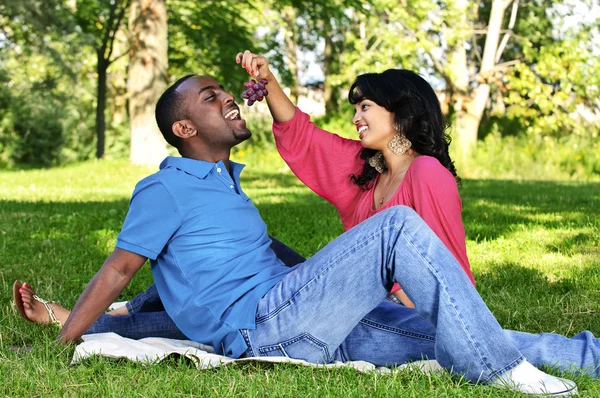 Ευτυχισμένο ζευγάρι που κάνει πικ-νικ στο πάρκο — Φωτογραφία Αρχείου