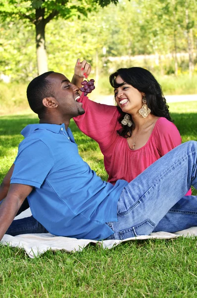 中夏公园有野餐的年轻浪漫情侣 — 图库照片