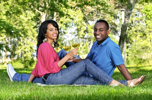 Happy couple having wine in park — Stock Photo, Image