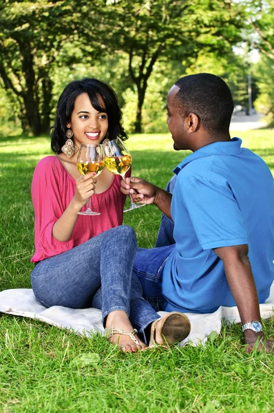 Młoda Para Romantyczny Świętuje Winem Lato Park — Zdjęcie stockowe