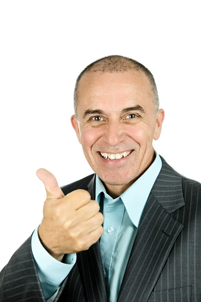 Retrato Homem Negócios Sorrindo Dando Polegares Isolado Fundo Branco — Fotografia de Stock
