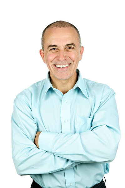 Portrait of smiling middle aged man isolated on white background