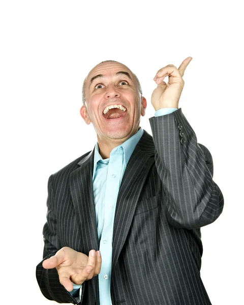 Homem rindo apontando para cima — Fotografia de Stock