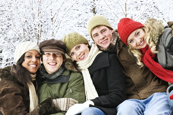Groep Van Uiteenlopende Jonge Vrienden Buiten Winter — Stockfoto