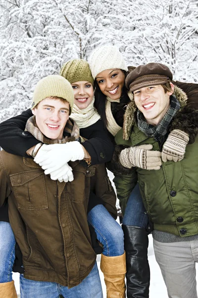 Skupina Mladých Přátel Dát Prasátko Zpět Jezdí Venku Zimě — Stock fotografie