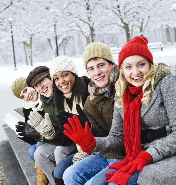 Група друзів на вулиці взимку — стокове фото