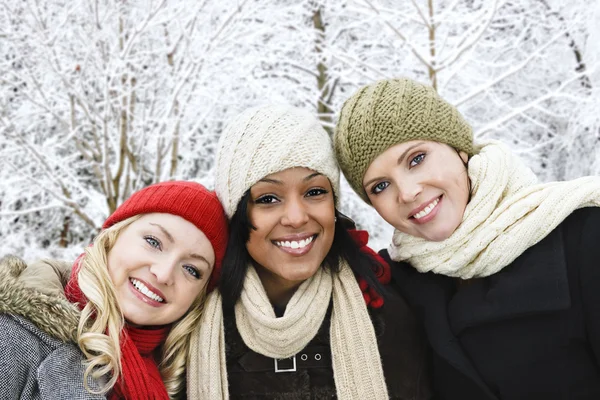 集团的三个不同年轻女孩朋友户外冬季 — 图库照片