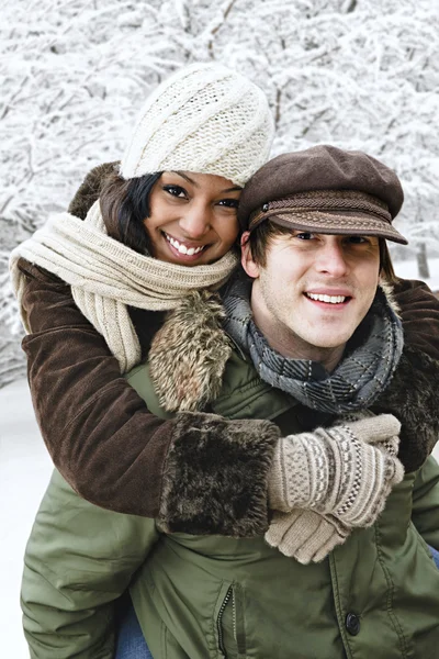 Portrait Couple Having Piggyback Ride Outdoors Winter — Stock Photo, Image