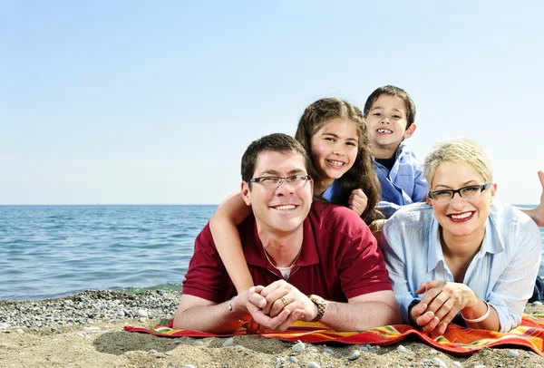 Happy Family Laying Towel Sandy Beach — Stock Photo, Image