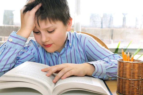 Σοβαρή Σχολείο Αγόρι Μελετώντας Ένα Βιβλίο — Φωτογραφία Αρχείου