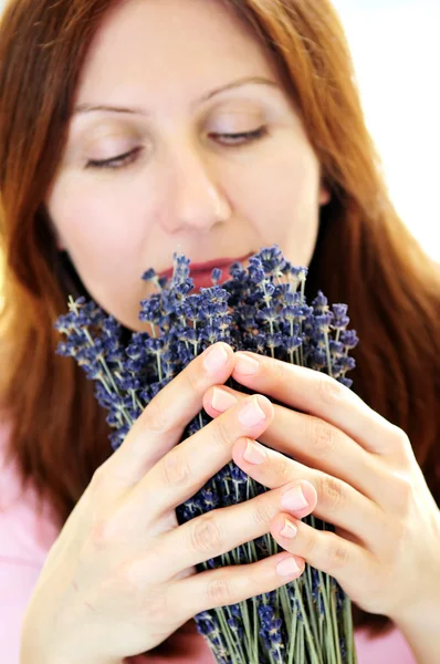 Mature Woman Smelling Lavender Flowers Focus Hands — Stock Photo, Image