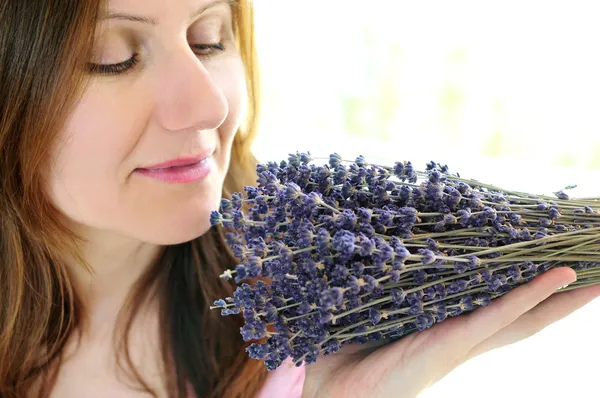Mature Woman Smelling Bunch Dried Lavender — Stock Photo, Image