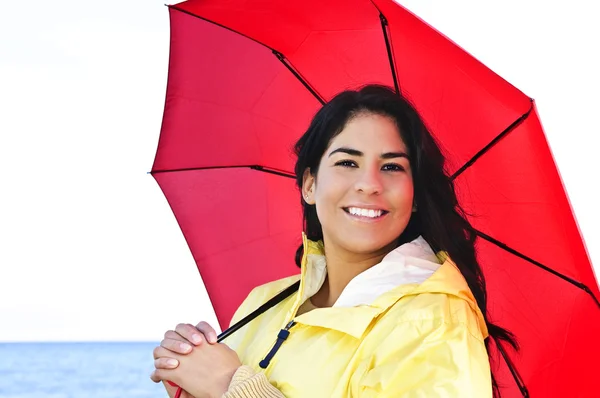 Mooie jonge vrouw in regenjas met paraplu — Stockfoto