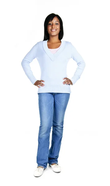自信的黑女人站在孤立的白色背景 — 图库照片