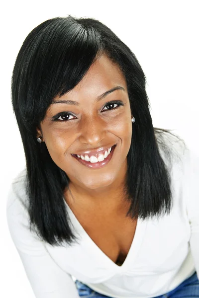 Sorrindo Mulher Negra Retrato Isolado Fundo Branco — Fotografia de Stock