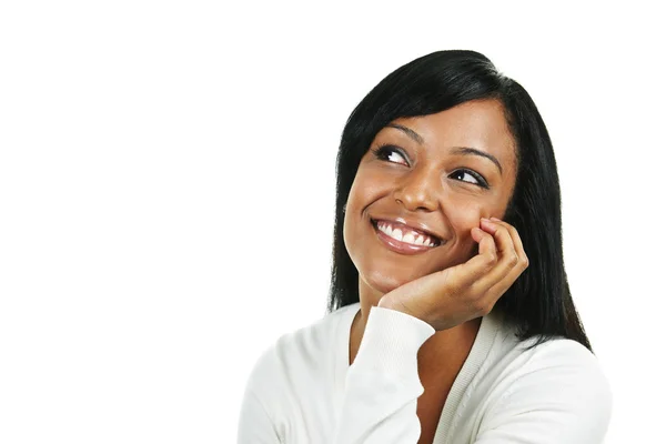 Lächelnde Schwarze Frau Die Isoliert Auf Weißem Hintergrund Aufblickt — Stockfoto