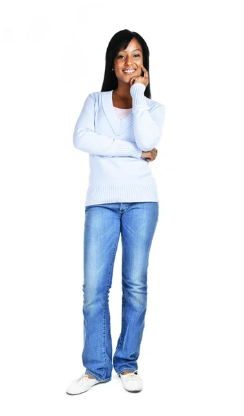Mujer Negra Segura Pie Aislada Sobre Fondo Blanco — Foto de Stock