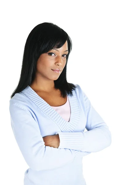 Vážné Černá Žena Rukama Přes Izolované Bílém Pozadí — Stock fotografie