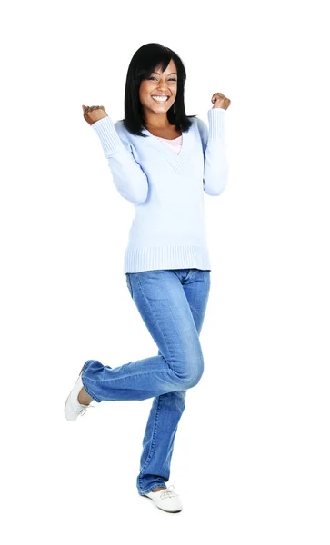 Happy Black Woman Celebrating Isolated White Background — Stock Photo, Image