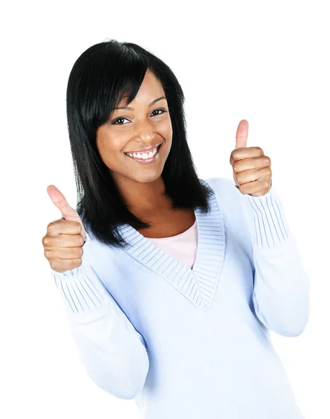 微笑黑女人给孤立在白色背景上的手势竖起大拇指 — 图库照片