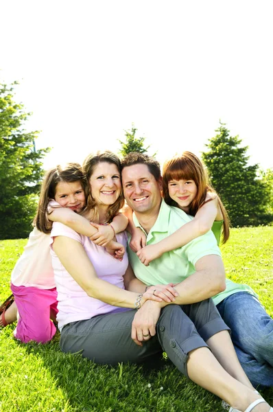 Retrato Família Feliz Quatro Sentado Grama Parque Abraçando — Fotografia de Stock