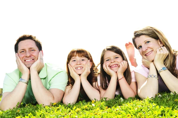 Retrato Família Feliz Quatro Que Põem Cabeça Descansando Mãos — Fotografia de Stock