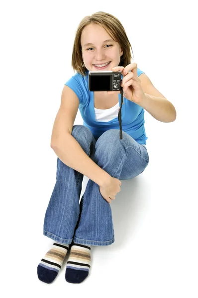 Young Girl Taking Picture Herself Leather Chair — Stock Photo, Image