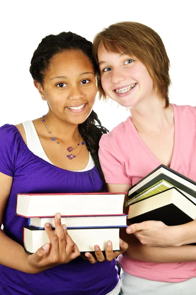Retrato Isolado Duas Meninas Adolescentes Segurando Livros Texto — Fotografia de Stock