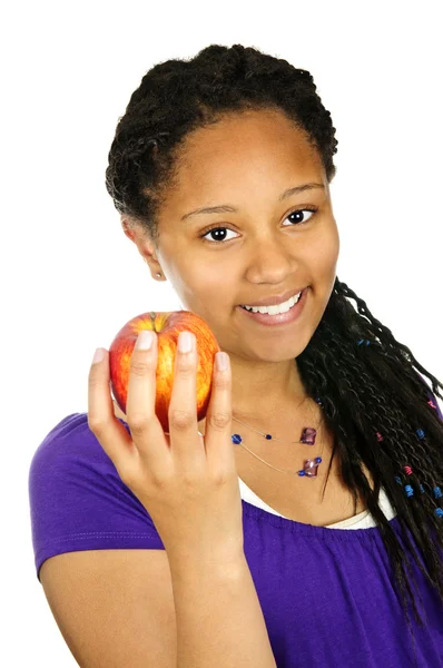 Retrato Aislado Una Adolescente Negra Sosteniendo Manzana —  Fotos de Stock