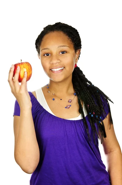 Fekete Tinédzser Girl Gazdaság Alma Elszigetelt Portréja — Stock Fotó