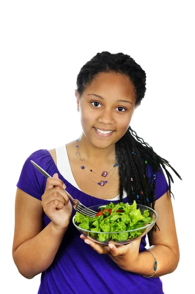 Retrato Isolado Adolescente Negra Com Tigela Salada — Fotografia de Stock