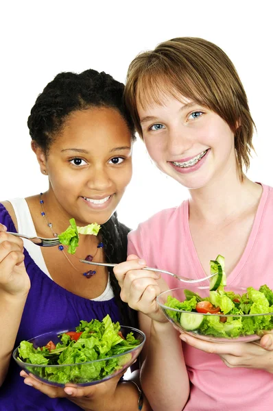 Isolated Portrait Two Teenage Girls Eating Salad — Stock Photo, Image