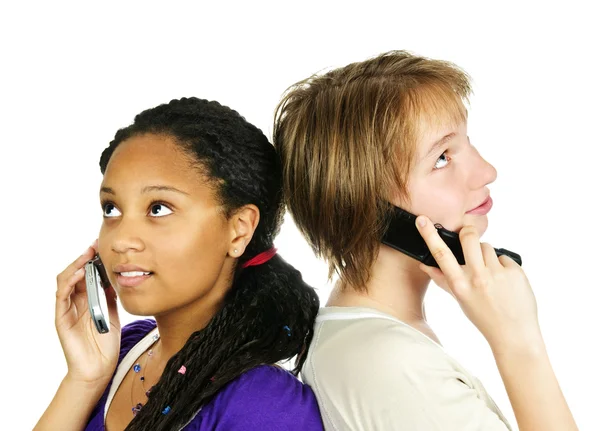 Izolované Portrét Dvou Dospívajících Dívek Mobilní Telefony — Stock fotografie