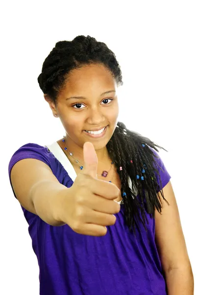 Siyah Genç Kız Başparmak Yukarıya Izole Portresi — Stok fotoğraf