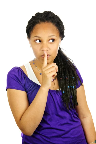 Retrato Isolado Menina Adolescente Negra Gesticulando Para Silêncio — Fotografia de Stock