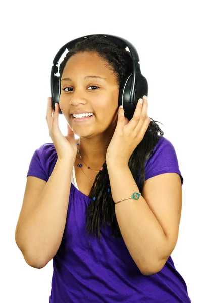 Isolated Portrait Black Teenage Girl Listening Headphones — Stock Photo, Image