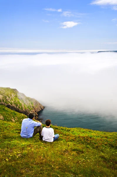 Father Son Looking Foggy Ocean View Newfoundland — Stock Photo, Image