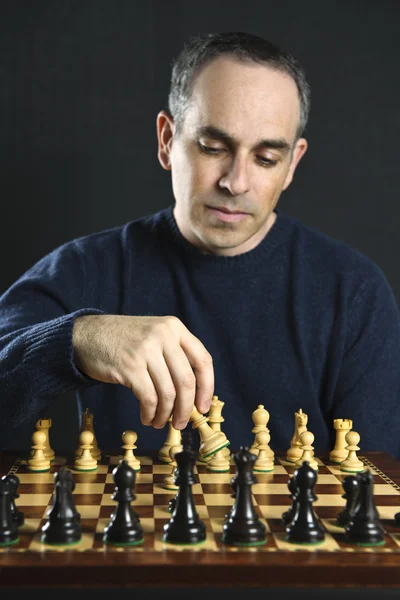 Man Moving Chess Piece Wooden Chessboard — Stock Photo, Image