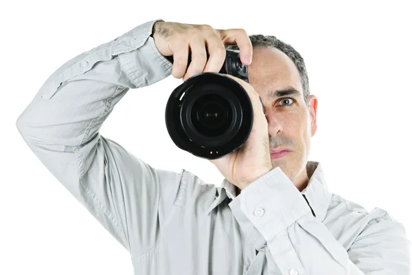 Portret Van Mannelijke Fotograaf Met Camera Geïsoleerd Witte Achtergrond — Stockfoto