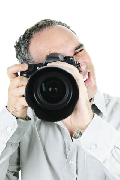 Portrait Photographe Masculin Avec Appareil Photo Isolé Sur Fond Blanc — Photo