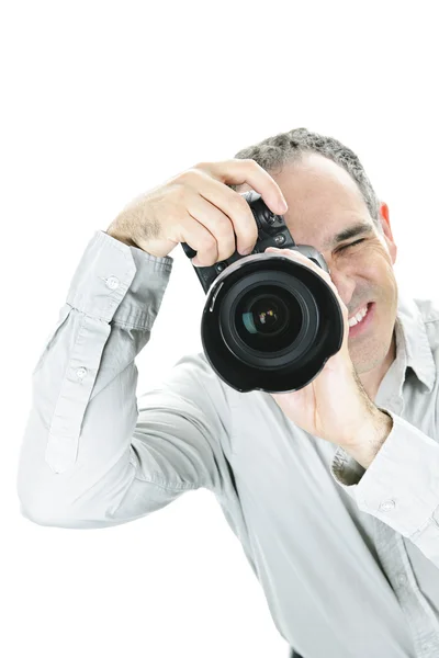 男摄影师肖像 有白色背景的相机隔离 — 图库照片