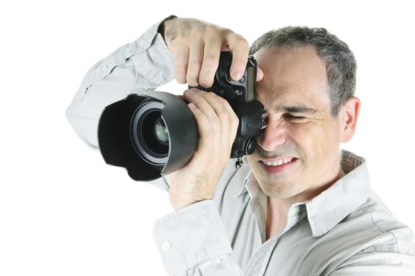 Πορτρέτο Του Άνδρα Φωτογράφου Κάμερα Απομονωμένη Λευκό Φόντο — Φωτογραφία Αρχείου